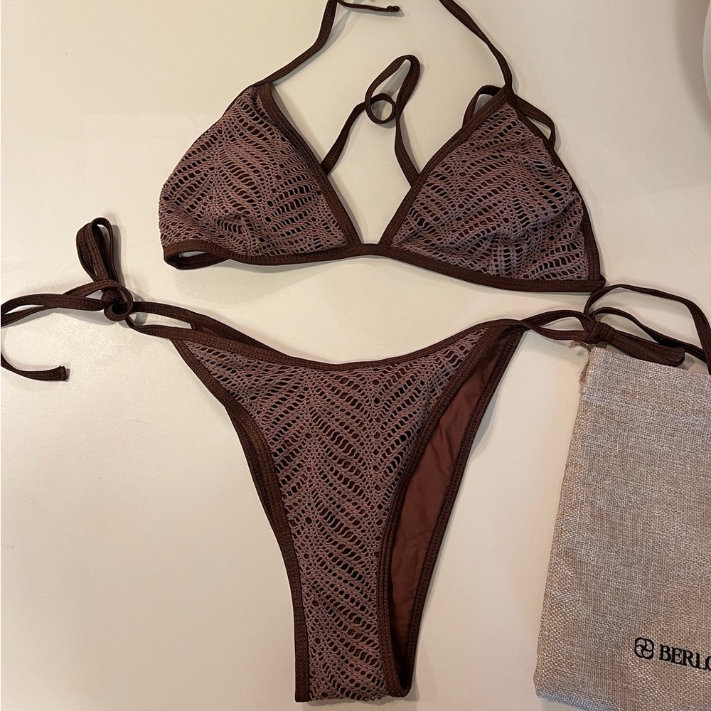 Brown Crochet Halter Triangle Bikini Top - Berlook